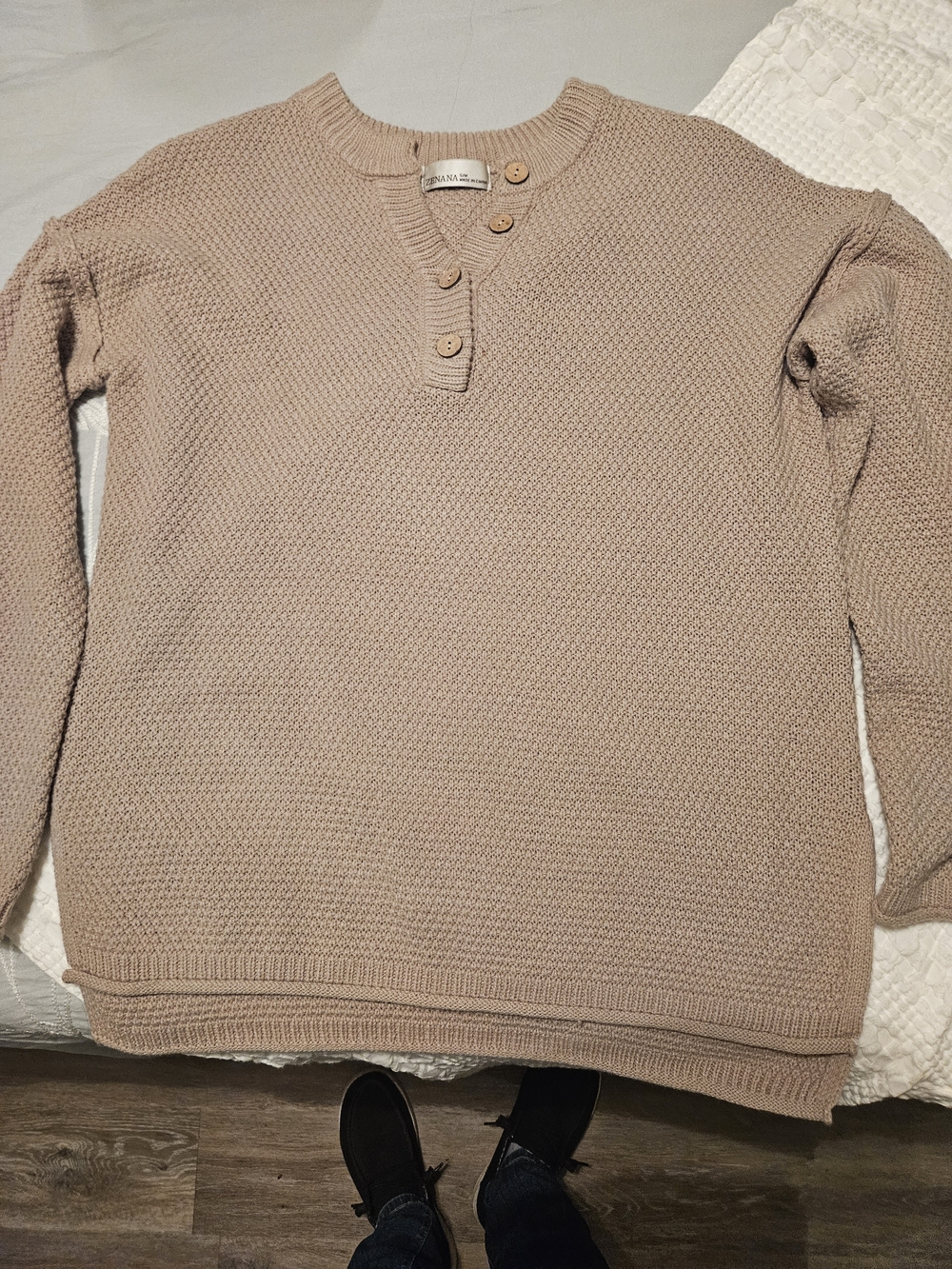 Women's V-Neck Henley Sweater in Light Taupe